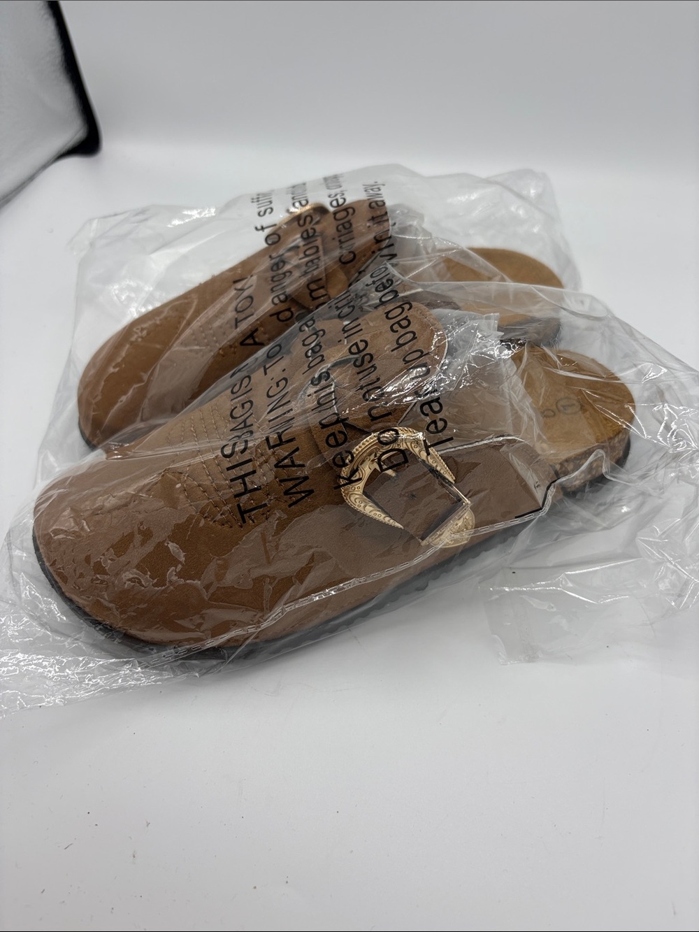 Women's Tan Slide Sandals with Decorative Buckle